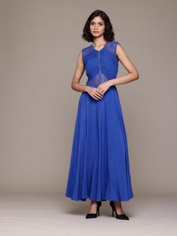 Label Ritu Kumar - Women Blue Sleeveless V-Neck Crepe Maxi Dress