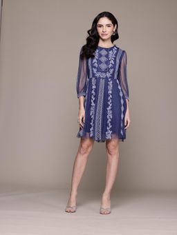 Label Ritu Kumar - Women Navy Blue Three Fourth Sleeves Round Neck Net Knee Length Dress