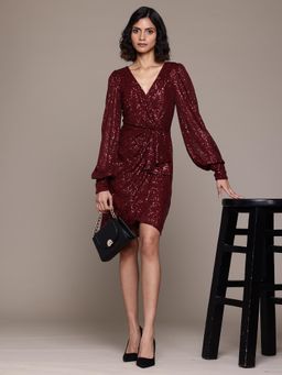 Label Ritu Kumar - Women Maroon Balloon Sleeve V-Neck Polyester Knee Length Dress