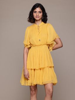 Label Ritu Kumar - Women Mustard Flared Sleeves Mandarin Neck Chiffon Knee Length Dress