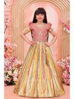 Lagorii - Peach and Yellow Silk Embroidered Pattu Pavadai Lehenga Set