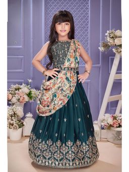 Lagorii - Deep Teal Embroidered Lehenga Choli Set with Floral Printed Draped Dupatta