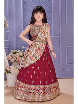 Lagorii - Maroon Embroidered Belted Lehenga Choli Set with Floral Printed Draped Dupatta