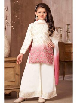 Lagorii - White And Pink Ombre Embroidered Palazzo Set with Dupatta