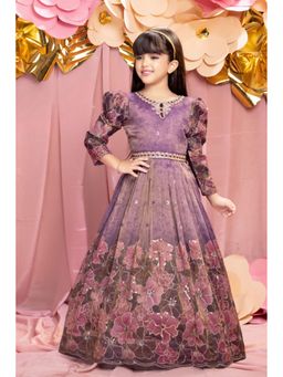 Lagorii - Purple Floral Embroidered Puff Sleeves Gown