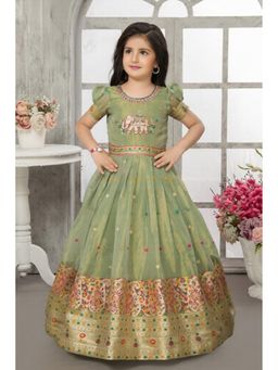 Lagorii - Pastel Green Elephant Embroidered Ethnic Net Gown