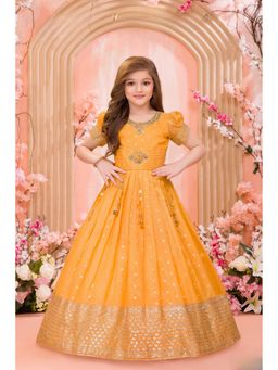 Lagorii - Girls Yellow Zari Border Embroidered Waist Gown