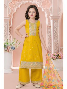 Lagorii - Mustard Yellow Embroidered Kurta Set with Printed Dupatta