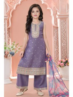 Lagorii - Dark Lavender Embroidered Kurta Set with Printed Dupatta