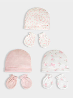 Mi Arcus - Pink Cotton Printed Caps and Par of Mittens (Pack of 3)