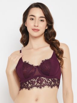 Clovia - Padded Underwired Full Cup Bralette In Wine Colour - Lace