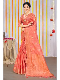 Sangam Prints - Peach Organza Woven Zari Work Traditional Tassel Saree with Unstitched Blouse