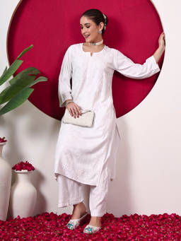 The Chikan Label - Rishika Rayon Chikankari Kurta With Palazzo - White