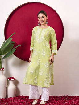 The Chikan Label - Chhavi Cotton Chikankari Straight Kurti With Inner - Green