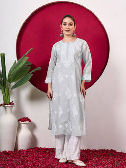 The Chikan Label - Chhavi Cotton Chikankari Straight Kurti With Inner - Grey