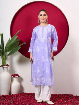 The Chikan Label - Chhavi Cotton Chikankari Straight Kurti With Inner - Lavender