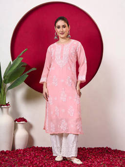 The Chikan Label - Chhavi Cotton Chikankari Straight Kurti With Inner - Peach