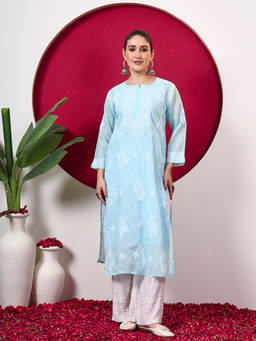 The Chikan Label - Chhavi Cotton Chikankari Straight Kurti With Inner - Sea Green