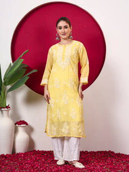 The Chikan Label - Chhavi Cotton Chikankari Straight Kurti With Inner - Yellow