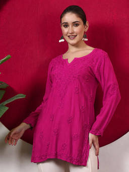 The Chikan Label - Shruti Rayon Chikankari Short Kurti - Hot Pink