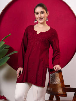 The Chikan Label - Shruti Rayon Chikankari Short Kurti - Maroon