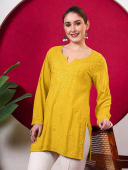 The Chikan Label - Shruti Rayon Chikankari Short Kurti - Yellow