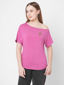 MISH - Pink Drop Shoulder Embellished Placement T-Shirt