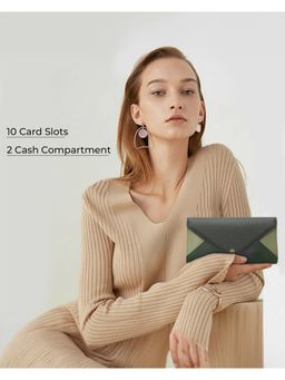 Carlton London - Elegant Textured Envelope Long Wallet With Multi-Card Organizer Olive
