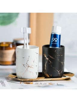 Kuber Industries - Toothbrush Holder with Metal Tray White Black