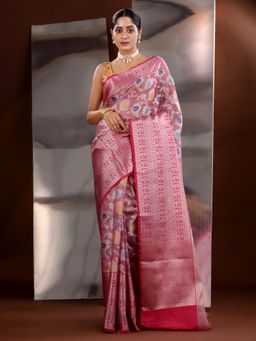 CHARUKRITI - Pink Organza Zari Handwoven Saree with Unstitched Blouse