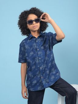 CRIMSOUNE CLUB - Boys Navy Blue Floral Print Cotton Shirt