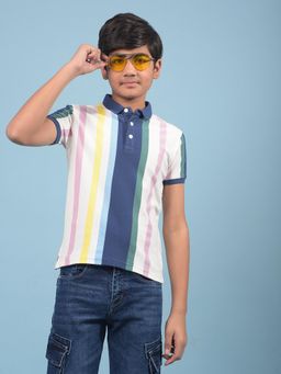 CRIMSOUNE CLUB - Boys Multi-Color Vertical Stripes Cotton Polo Neck T-shirt