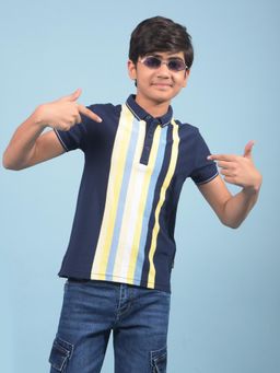 CRIMSOUNE CLUB - Boys Navy Blue Vertical Stripes Polo Neck T-shirt