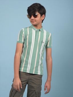 CRIMSOUNE CLUB - Boys Green Vertical Stripes Polo Neck T-shirt