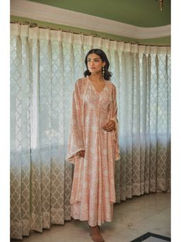 Kapraaha - Peach Floral Printed Maxi Dress with Jacket (Set of 2)