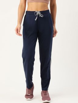 Femea - Women Navy Blue Solid With Side Tape Cotton Straight Fit Track Pant