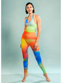 Trove Label - Curvy Halter Neck Full Swimsuit in Oceanic Coral Mix Hues Print