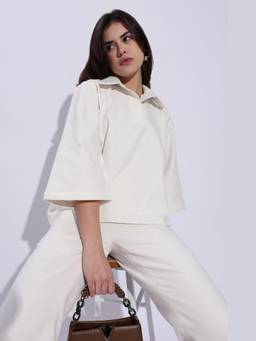 Maba India - Pure Cotton Canvas White Loose Fit Polo Shirt
