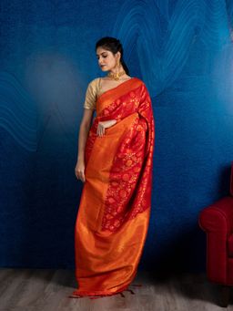 Beatitude - Red Gold-Toned Floral Zari Silk Blend Banarasi Saree with Unstitched Blouse