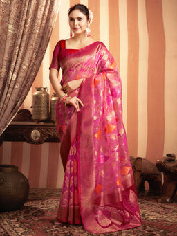 SATRANI - Women Rani Pink Organza Woven Saree with Unstitched Blouse