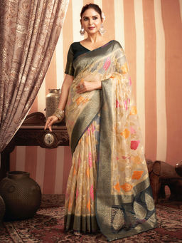 SATRANI - Women Beige Organza Woven Saree with Unstitched Blouse