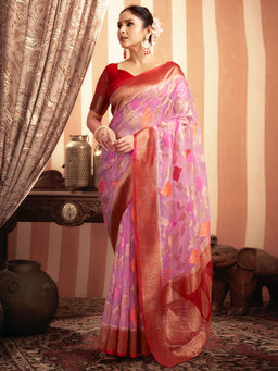 SATRANI - Women Light Pink Organza Woven Saree with Unstitched Blouse