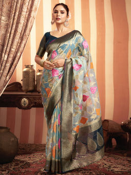 SATRANI - Women Light Blue Organza Woven Saree with Unstitched Blouse