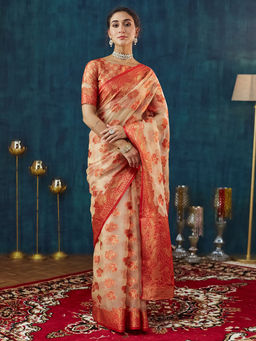 SATRANI - Women Cream Organza Floral Woven Saree with Unstitched Blouse