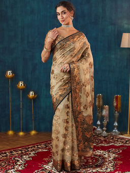 SATRANI - Women Beige Organza Floral Woven Saree with Unstitched Blouse