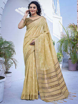 SATRANI - Women Beige Pure Silk Woven Saree with Unstitched Blouse