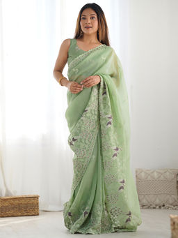 SATRANI - Women Green Embroidered Sequined Saree with Unstitched Blouse