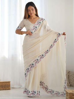 SATRANI - Women Off White Embroidered Saree with Unstitched Blouse