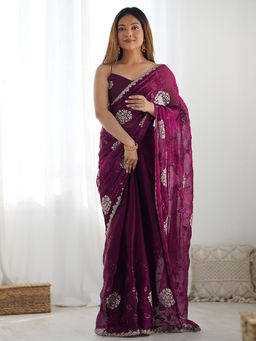 SATRANI - Women Chiffon Wine Embroidered Saree with Unstitched Blouse