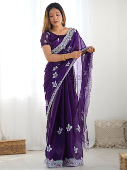 SATRANI - Women Chiffon Purple Embroidered Saree with Unstitched Blouse